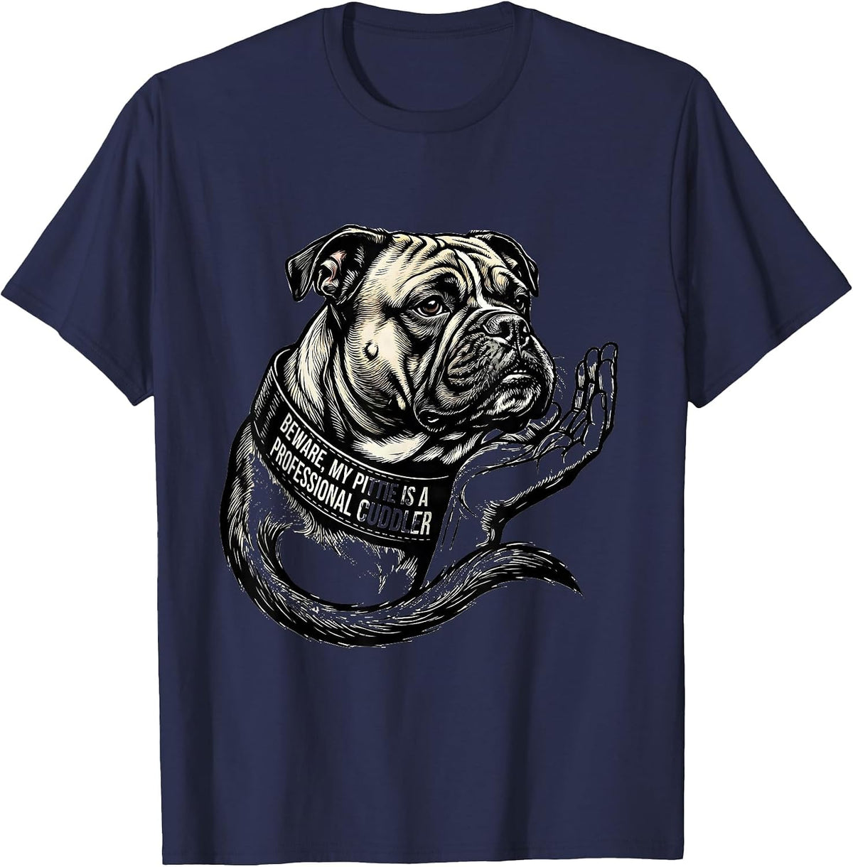Men's Beware, My Pittie Is A Professional Cuddler Funny Pitbull T-Shirt - Navy Blue