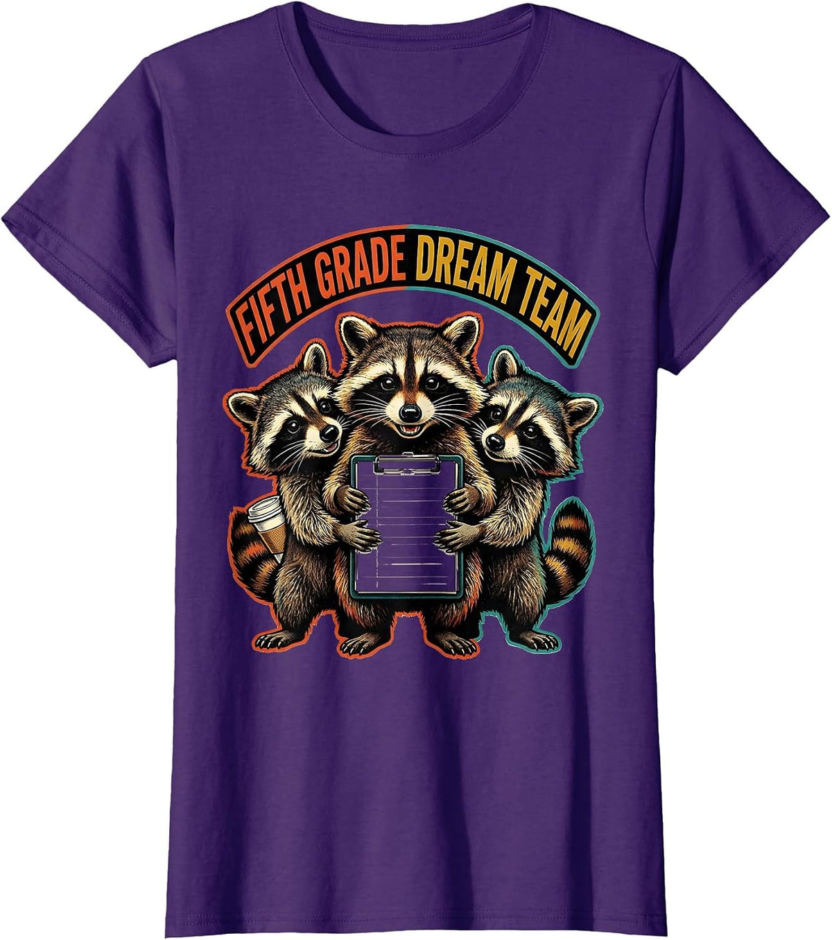 Women's Fifth Grade Dream Team Retro Advertising Mascot Raccoon T-Shirt - Purple