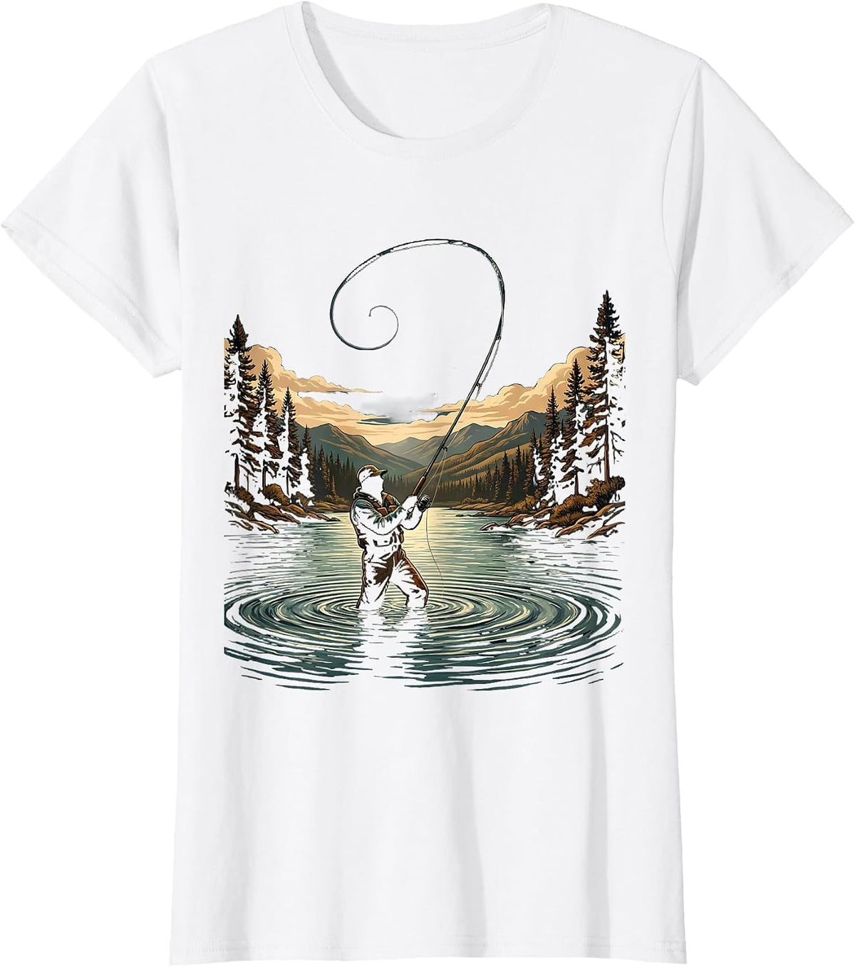 Fly Fisherman Casting Arc in River Graphic T-Shirt - White