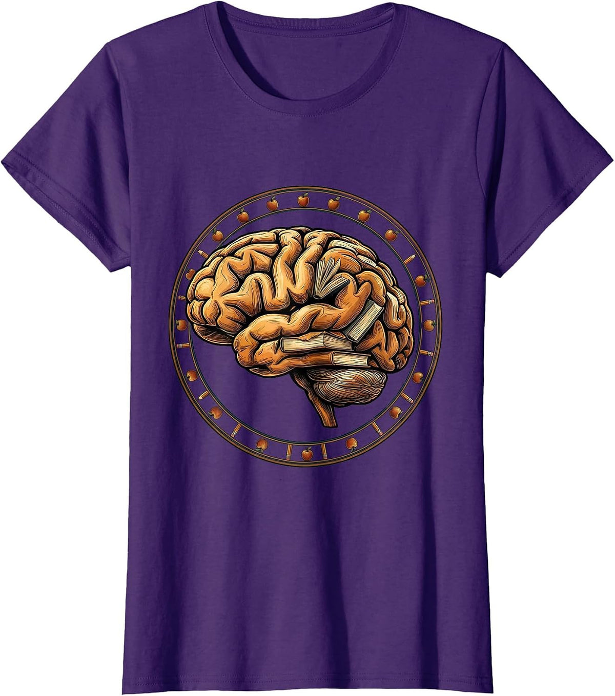 Women's Teacher Brain Made of Books Graphic Design T-Shirt - Purple