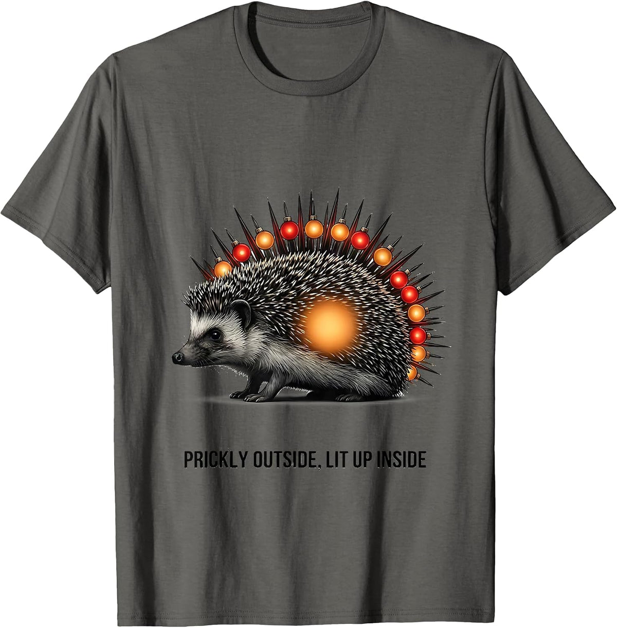 Men's Prickly Outside, Lit Up Inside Cute Hedgehog Christmas T-Shirt - Asphalt Grey