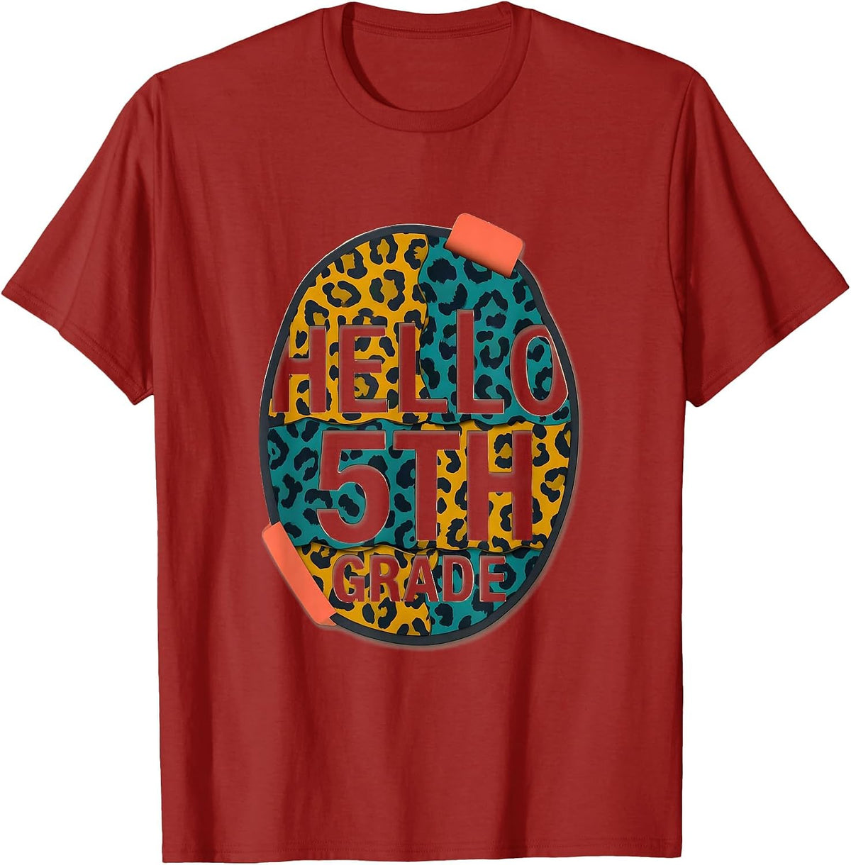 Men's Hello Fifth Grade Midcentury Modern Leopard Teacher Back T-Shirt - Cranberry Red