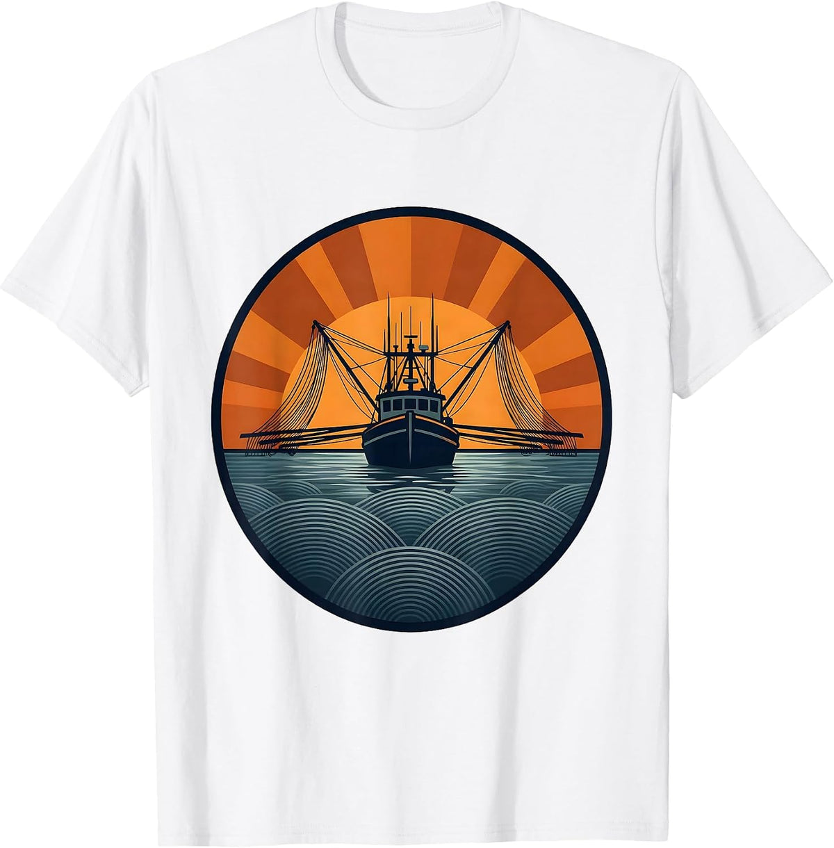Gulf of America Shrimper Silhouette Sunset T-Shirt - White