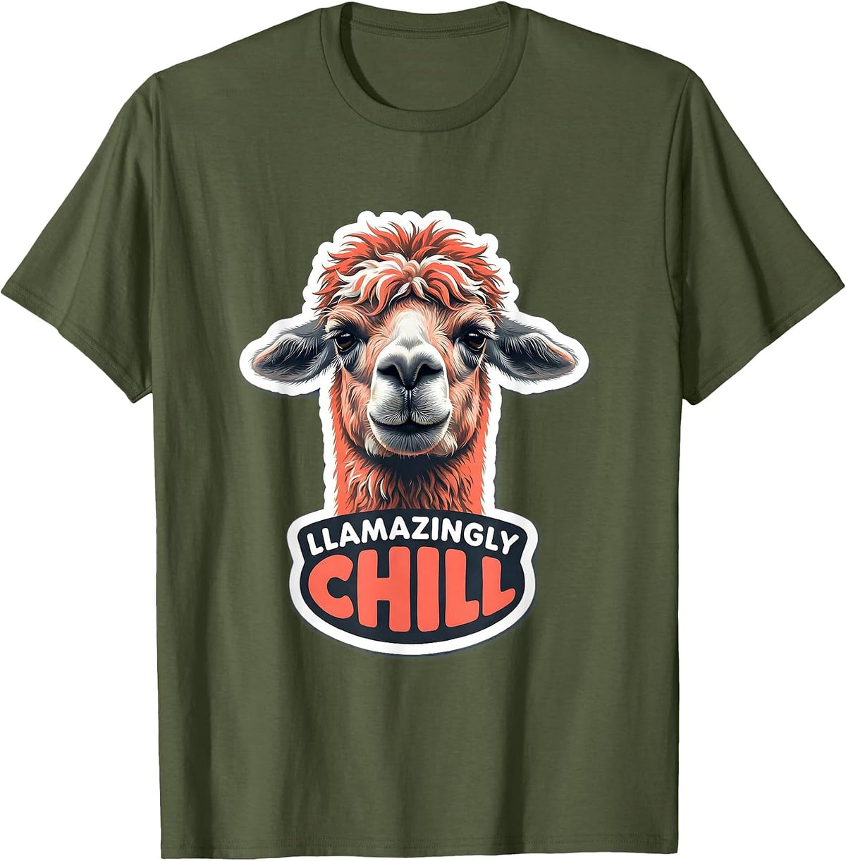 Llamazingly Chill Funny Llama Alpaca Humor Sticker Style T-Shirt - Olive Green