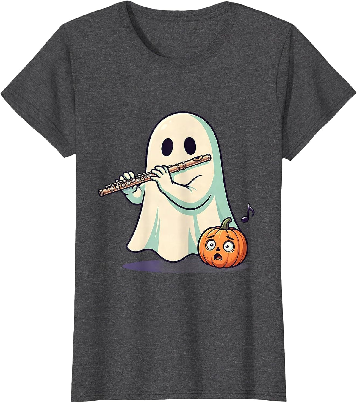 Women's Broad Sheet Ghost Flute Player Cute Kawaii Music Teacher T-Shirt - Dark Heather Grey