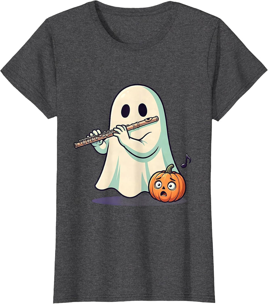 Women's Broad Sheet Ghost Flute Player Cute Kawaii Music Teacher T-Shirt - Dark Heather Grey