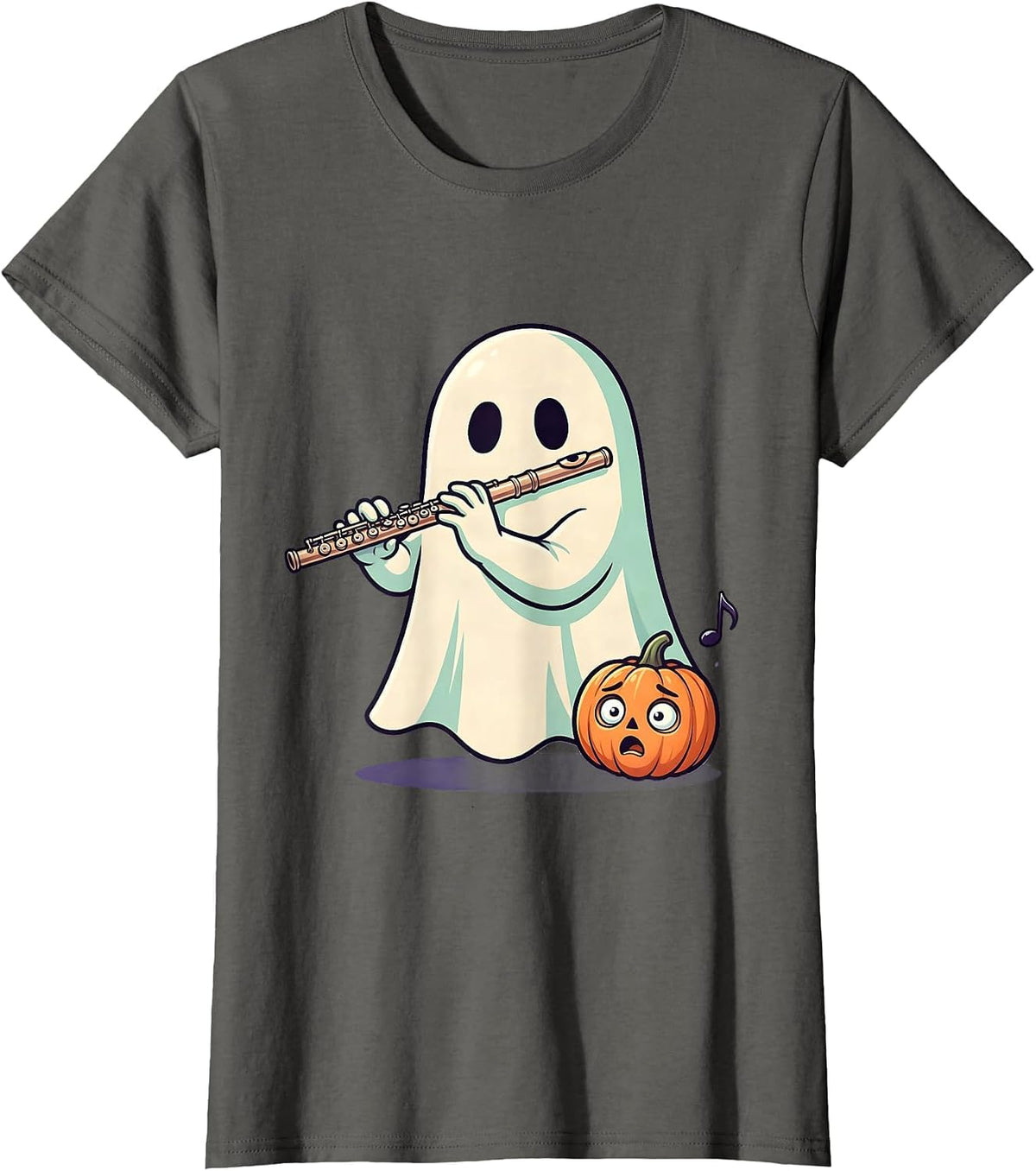 Women's Broad Sheet Ghost Flute Player Cute Kawaii Music Teacher T-Shirt - Asphalt Grey
