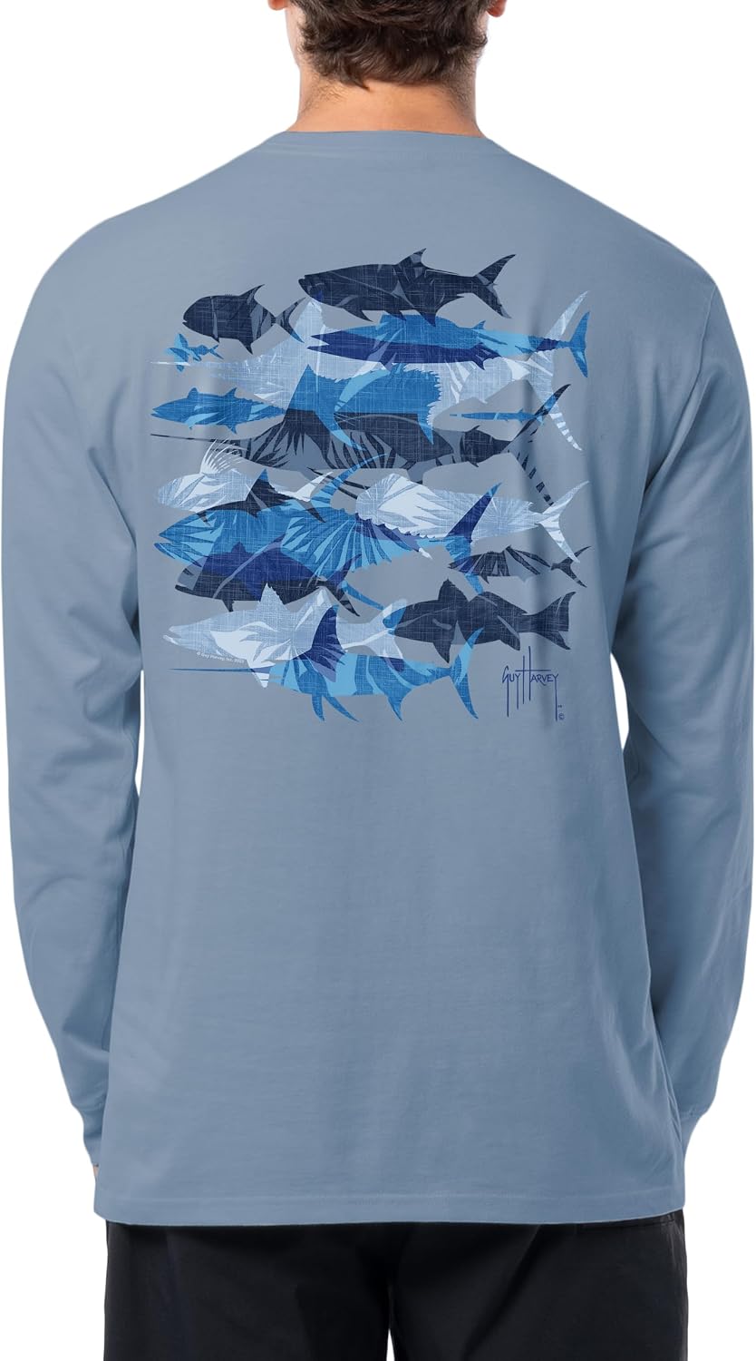 Guy Harvey Men’s HarborLite Long Sleeve T-Shirt - Windward Blue\/Palm Silos