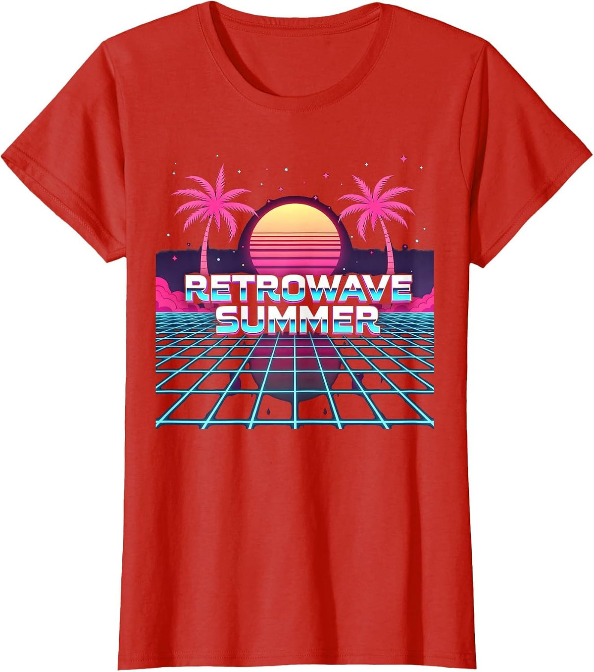 Retrowave Summer: 80s Inspired Tropical Sunset T-Shirt - Red