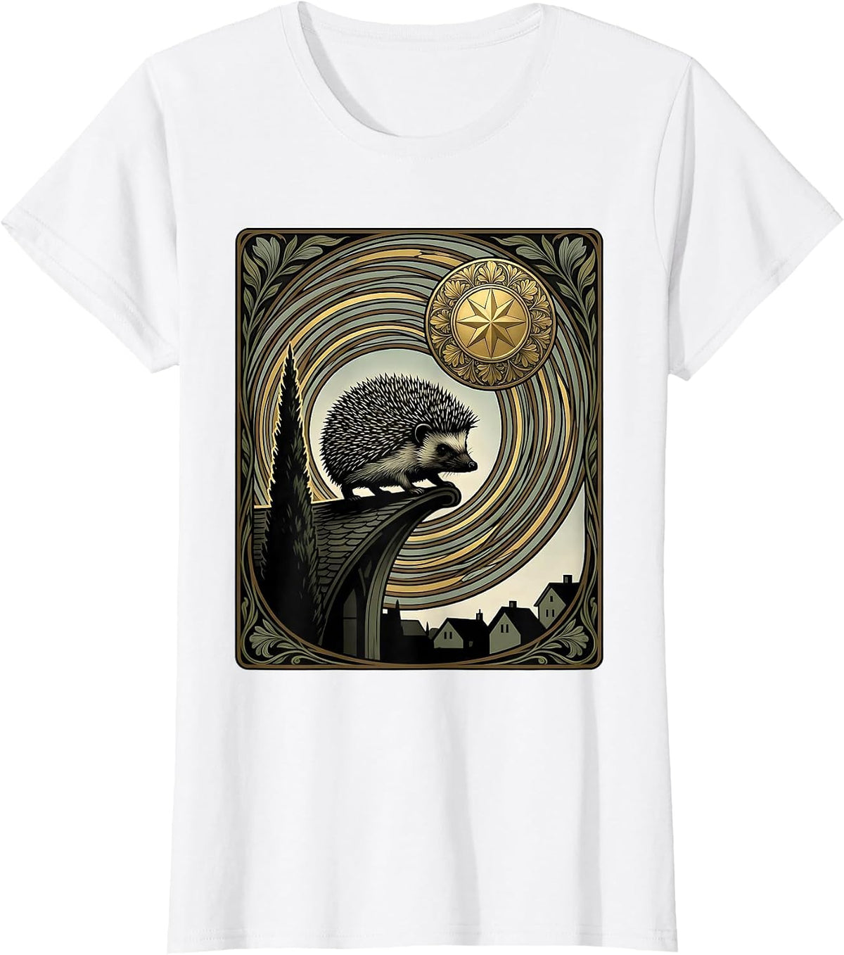 Hedgehog Starry Night Art Nouveau Animal Lover Parody T-Shirt - White