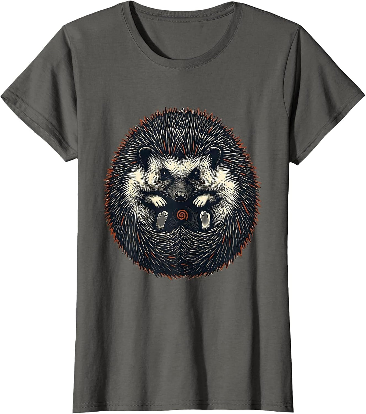Women's Cute Curled Hedgehog Linocut Animal Lover Gift T-Shirt - Asphalt Grey