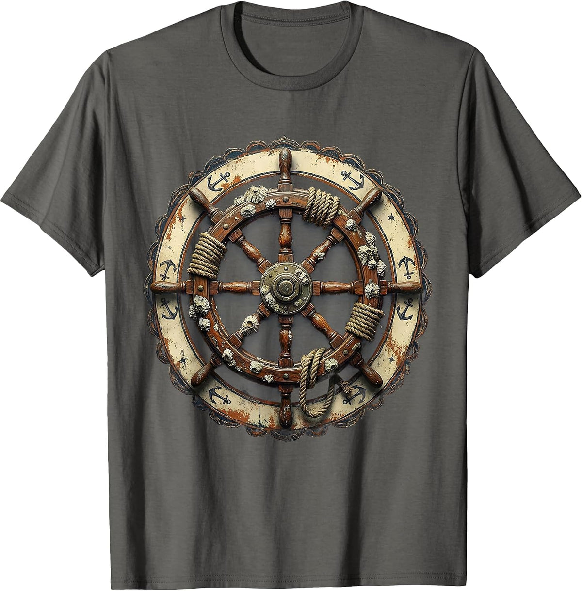 Barnacle Ship Wheel Sailor Graphic Tee T-Shirt - Asphalt Grey