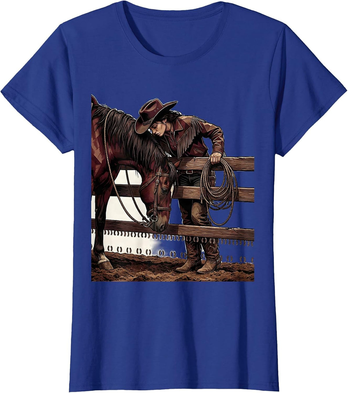 Women's Black Cowgirl Horse Rodeo Pride Western Pride Illustration T-Shirt - Royal Blue