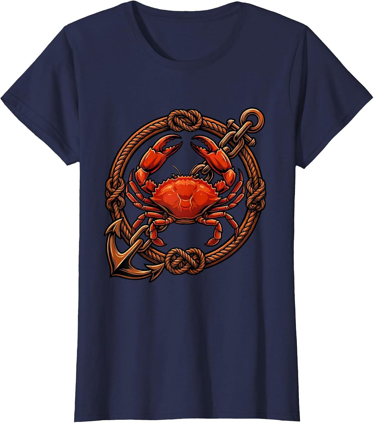 Women's Crab and Rusty Anchor Chain Nautical Graphic T-Shirt - Navy Blue