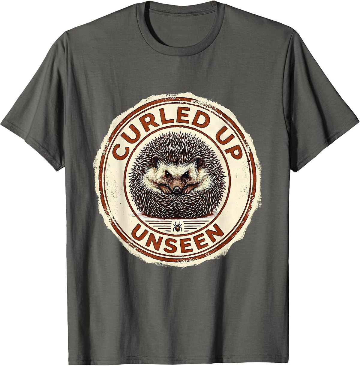 Curled Up, Unseen Rubber Stamp Hedgehog Lover Quirky Humor T-Shirt - Asphalt Grey