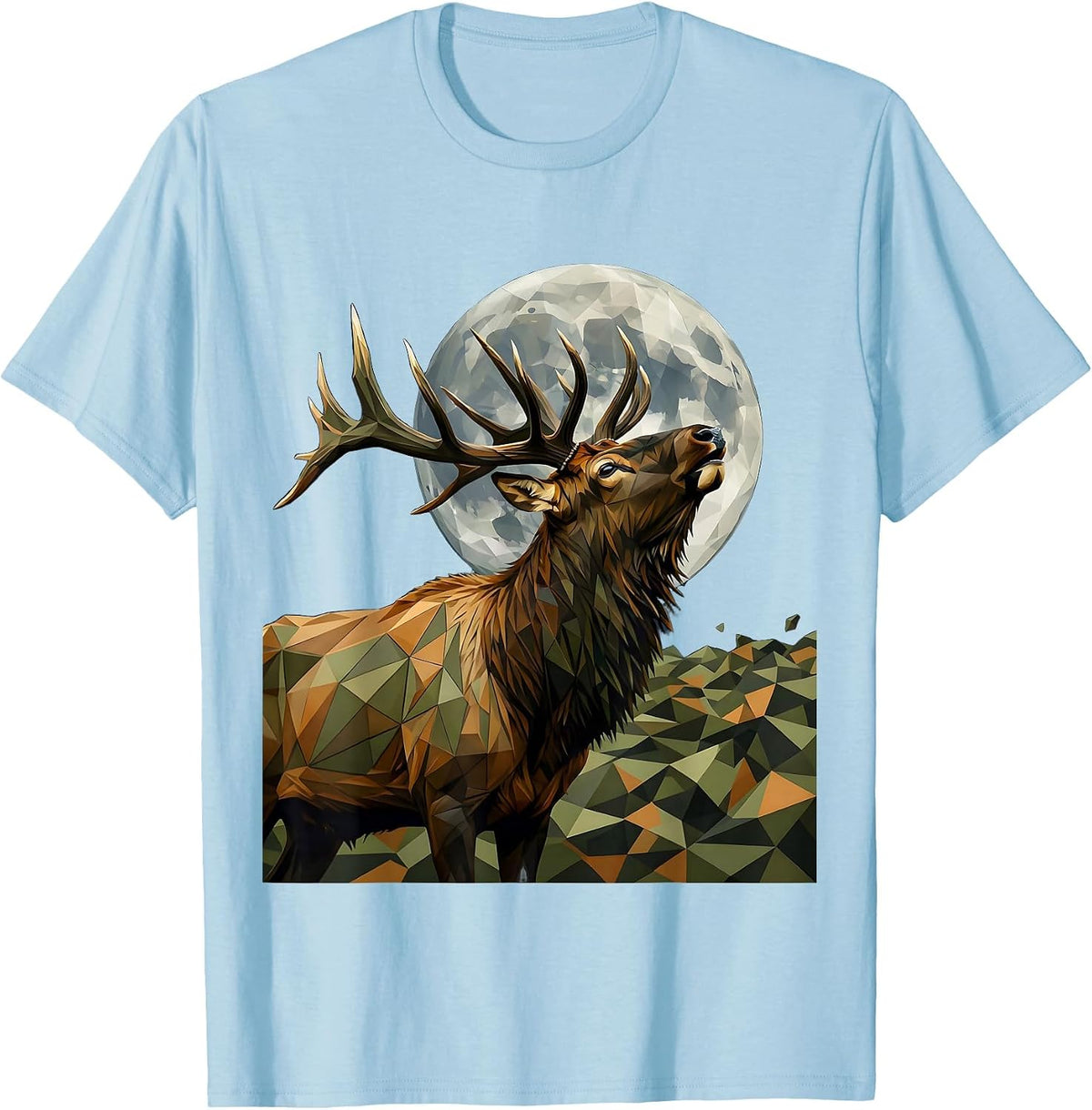 Camo Elk Bugling at Full Moon Wildlife Design T-Shirt - Baby Blue
