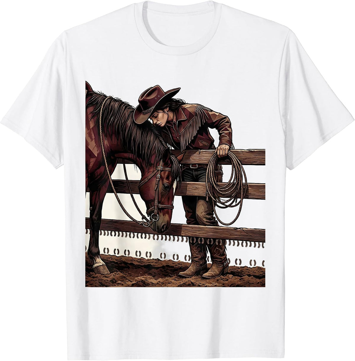 Men's Black Cowgirl Horse Rodeo Pride Western Pride Illustration T-Shirt - White