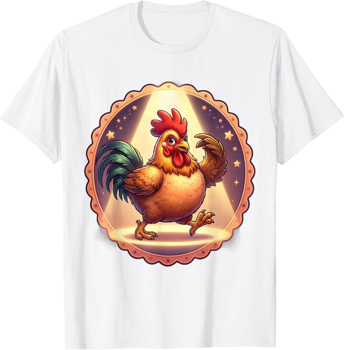 Men's Confident Rooster Strutting in Spotlight Illustration T-Shirt - White