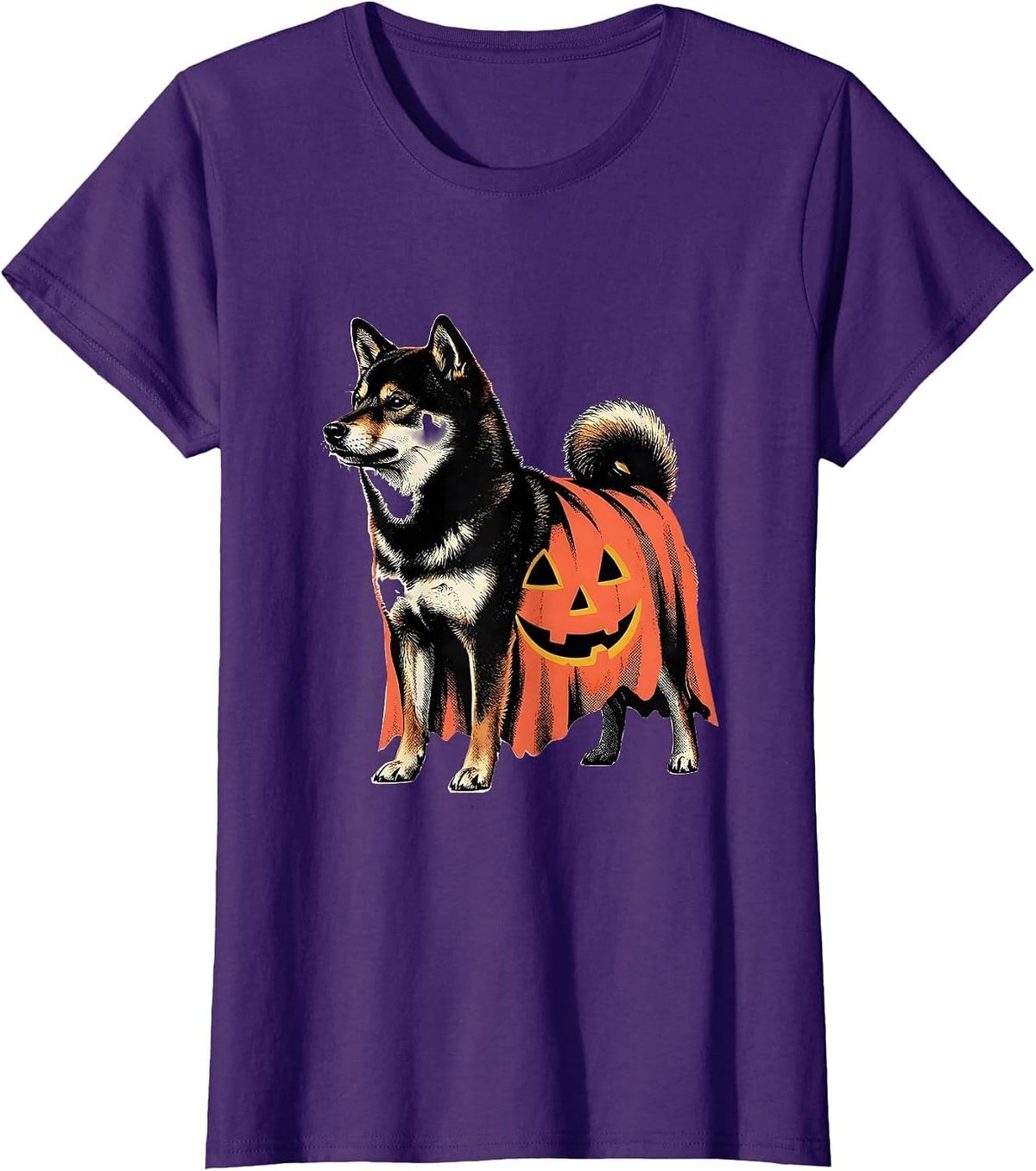 Women's Shiba Inu Ghost Pumpkin Midcentury Modern Halloween T-Shirt - Purple