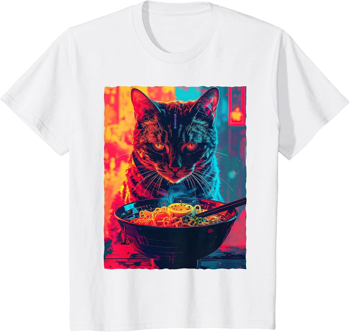 Synthwave Otaku Anime Cat Eating Japanese Ramen Noodles T-Shirt - White