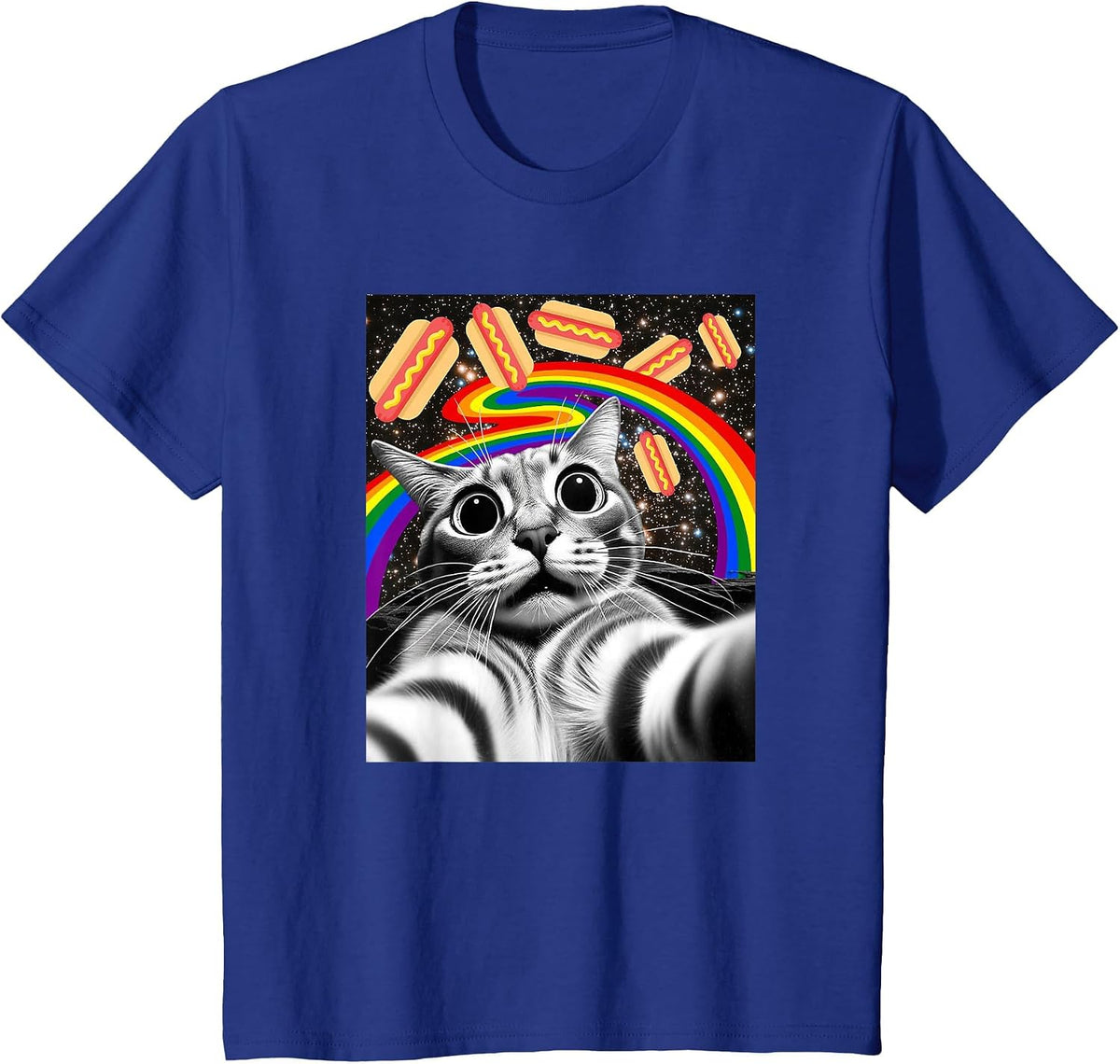 Funny Graphic Rainbow Hotdog UFOs Cosmic Space Selfie Cat T-Shirt - Royal Blue