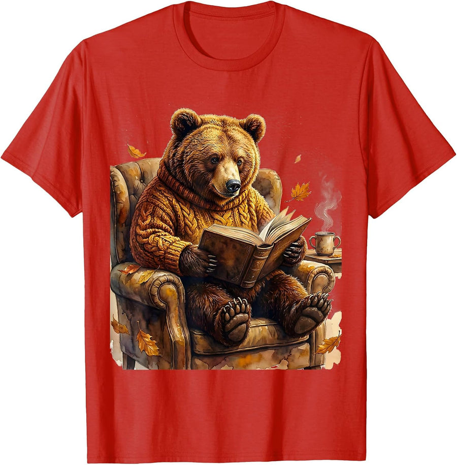 Men's Fall Teacher Bear Reading Book Illustration T-Shirt - Red