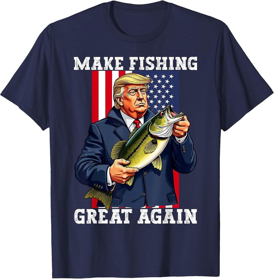 Make Fishing Great Again Funny Bass Fishing Humor Trump T-Shirt - Navy Blue
