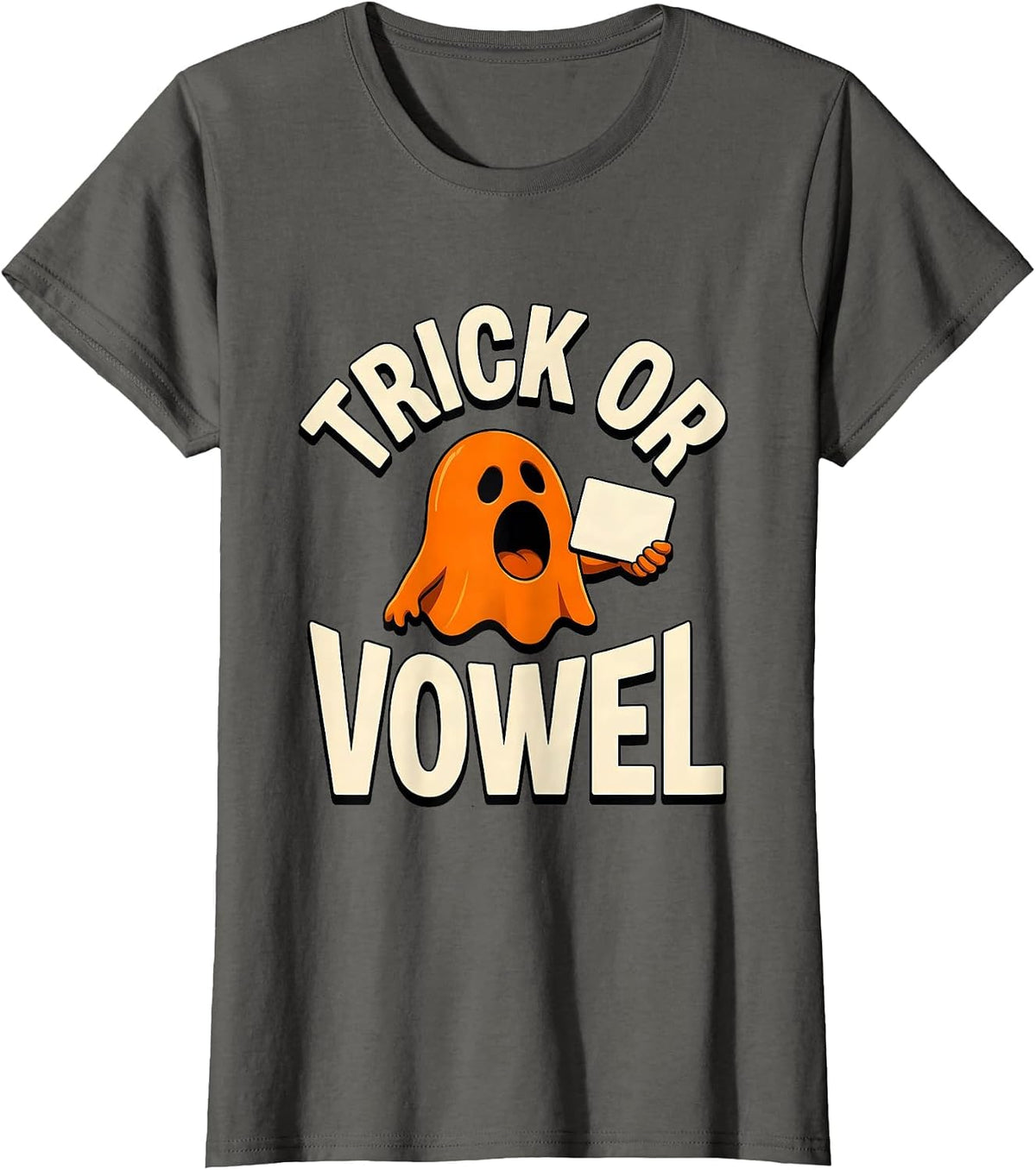 Women's Trick Or Vowel Funny Halloween Speech Therapy SLP Teacher T-Shirt - Asphalt Grey