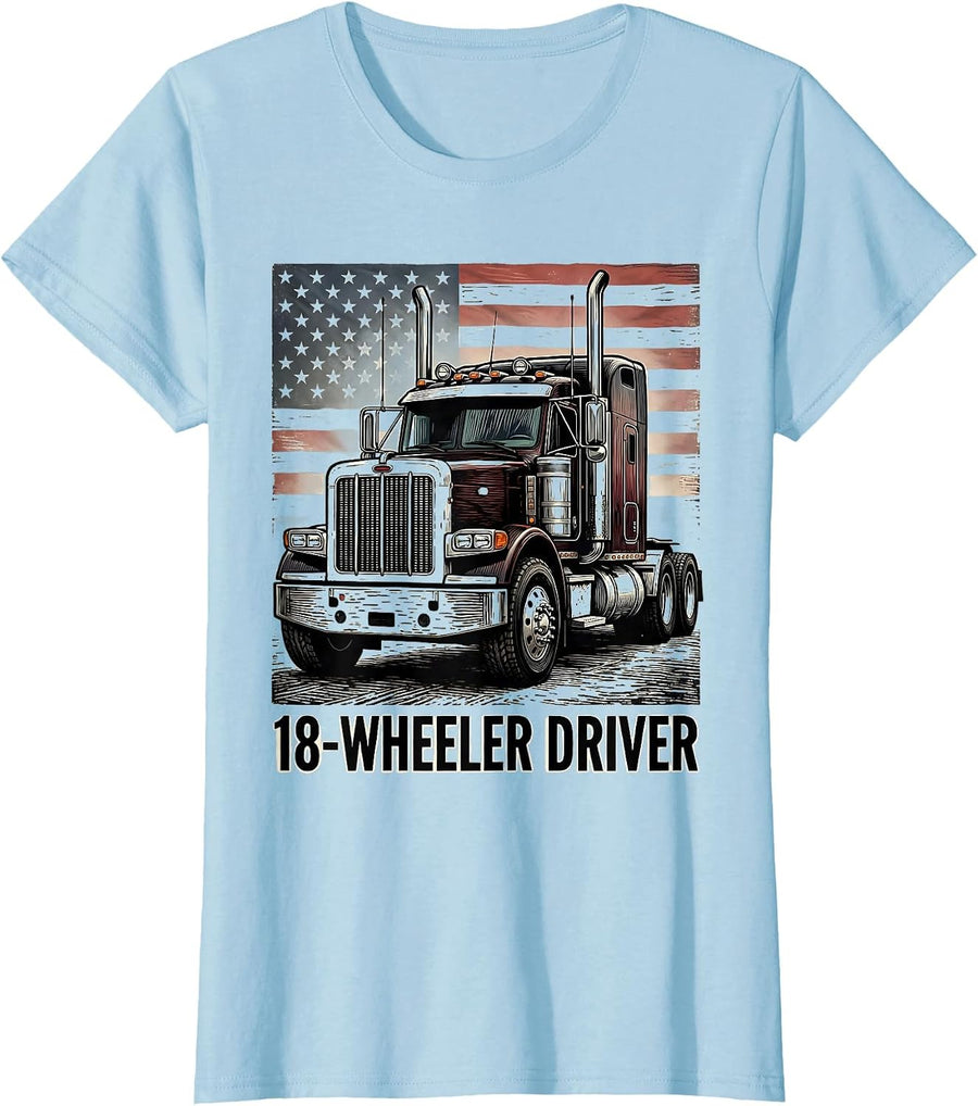 Women's 18-Wheeler Driver American Flag Semi Truck Driver Trucker T-Shirt - Baby Blue