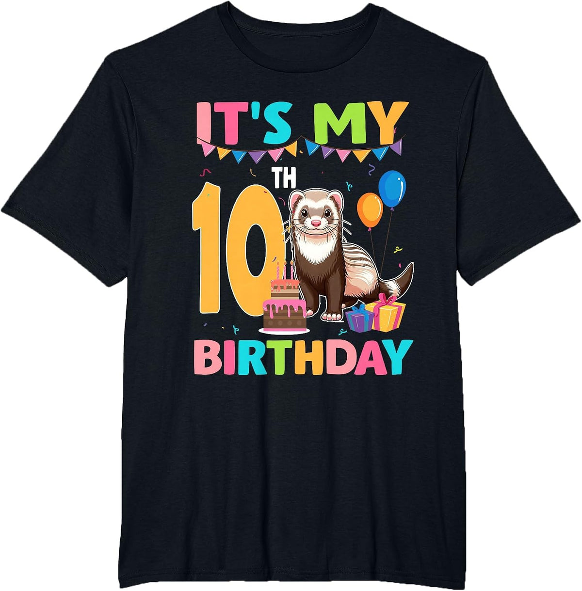 It's My 10th Birthday Ferret Lover 10 Year Old Bday Party T-Shirt - Black