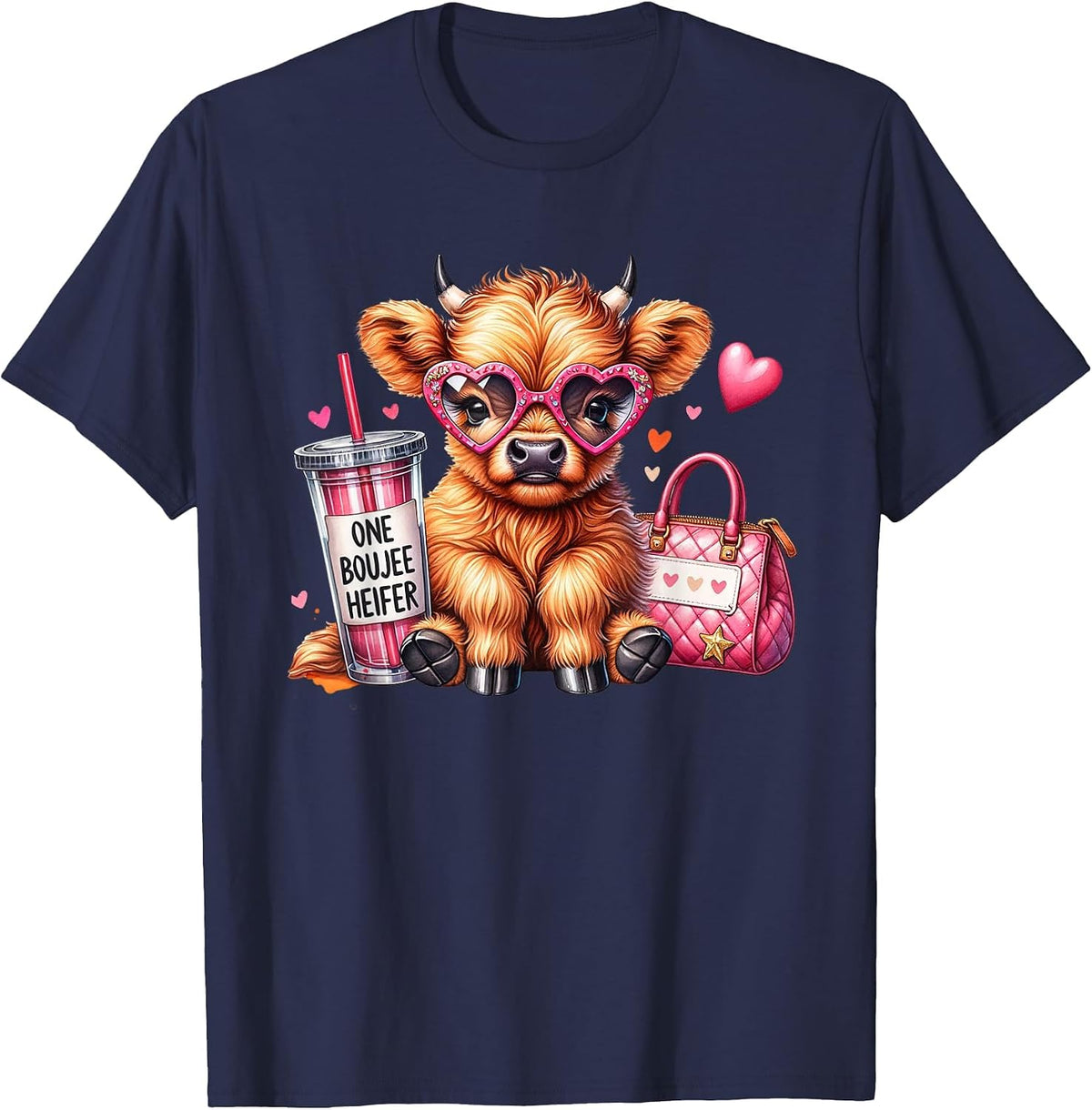 One Boujee Heifer Highland Cow Bougie Pink Tumbler Handbag T-Shirt - Navy Blue
