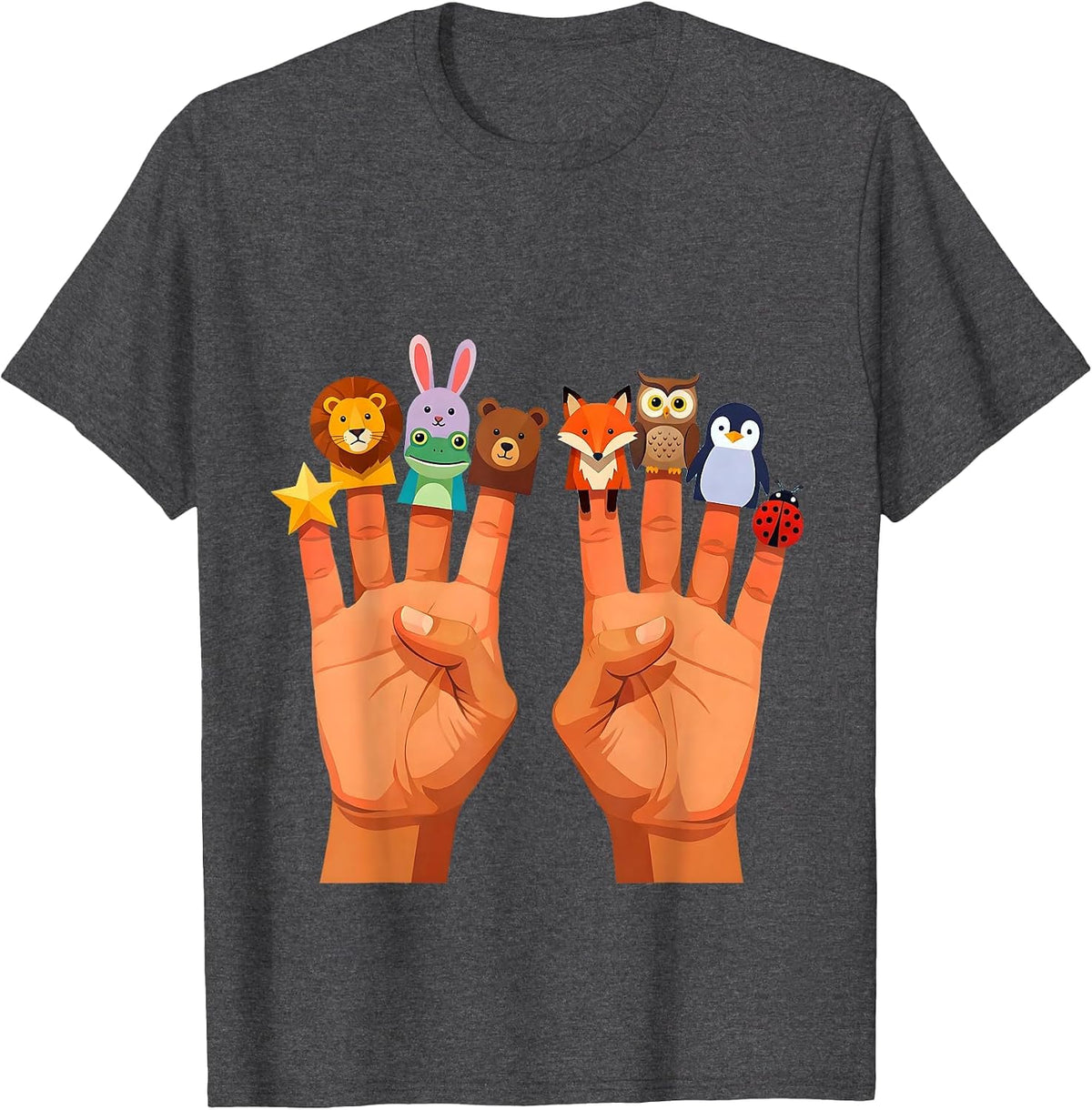 Kindergarten Teacher Finger Puppet Characters Tee T-Shirt - Dark Heather Grey