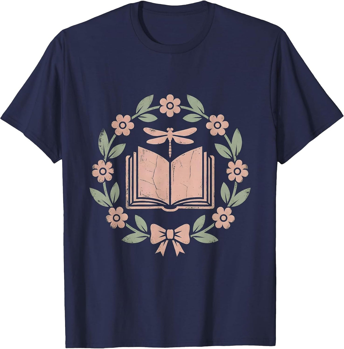 Men's Floral Wreath Open Book Illustration T-Shirt - Navy Blue