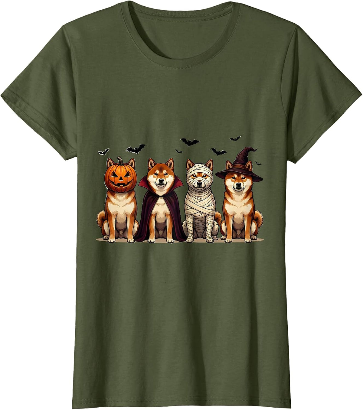 Women's Halloween Shiba Inu Squad Pumpkin Vampire Mummy Witch Dog T-Shirt - Olive Green