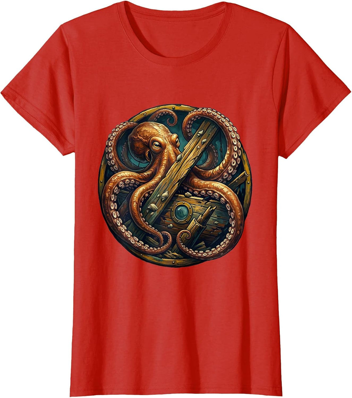 Octopus Sunken Ship Sailor Graphic Tee T-Shirt - Red