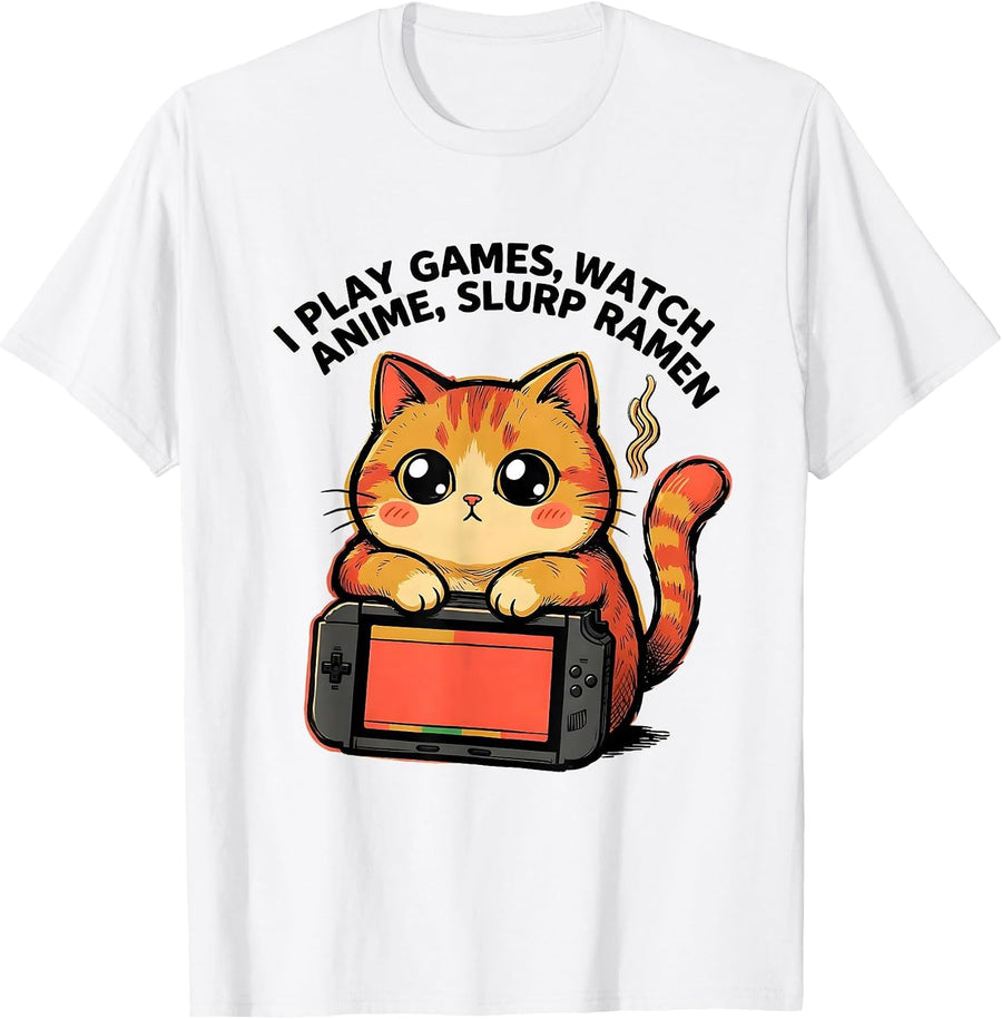 Men's I Play Games, Watch Anime, Slurp Ramen Funny Kawaii Cat T-Shirt - White