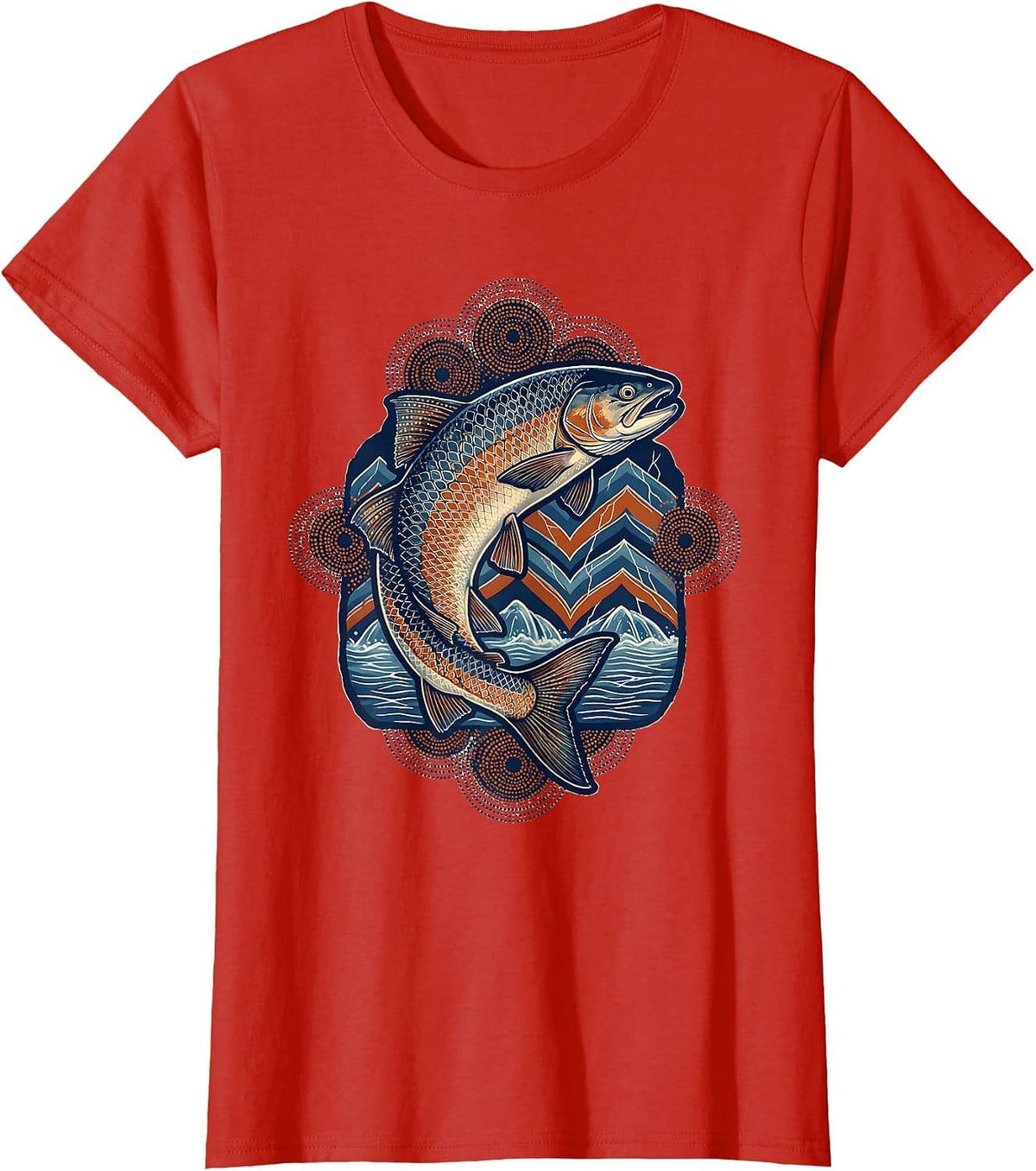 Salmon Leaping Upstream Waterfall Illustration T-Shirt - Red