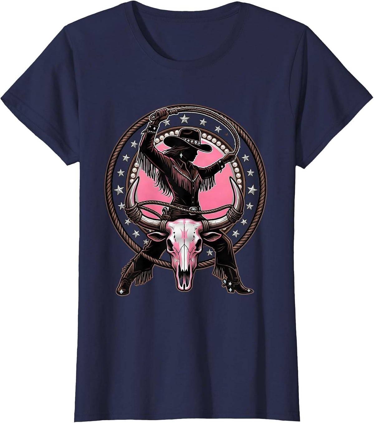 Women's Cowgirl Roping Steer Horns Western Rodeo Graphic T-Shirt - Navy Blue