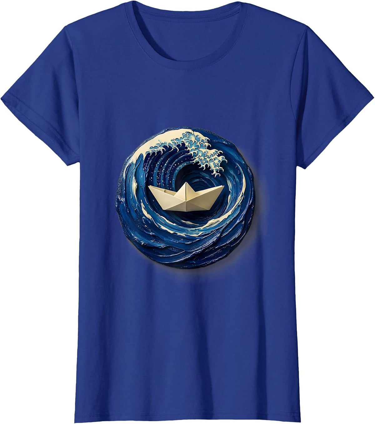 Women's Small Boat vs Massive Waves Nautical Art T-Shirt - Royal Blue