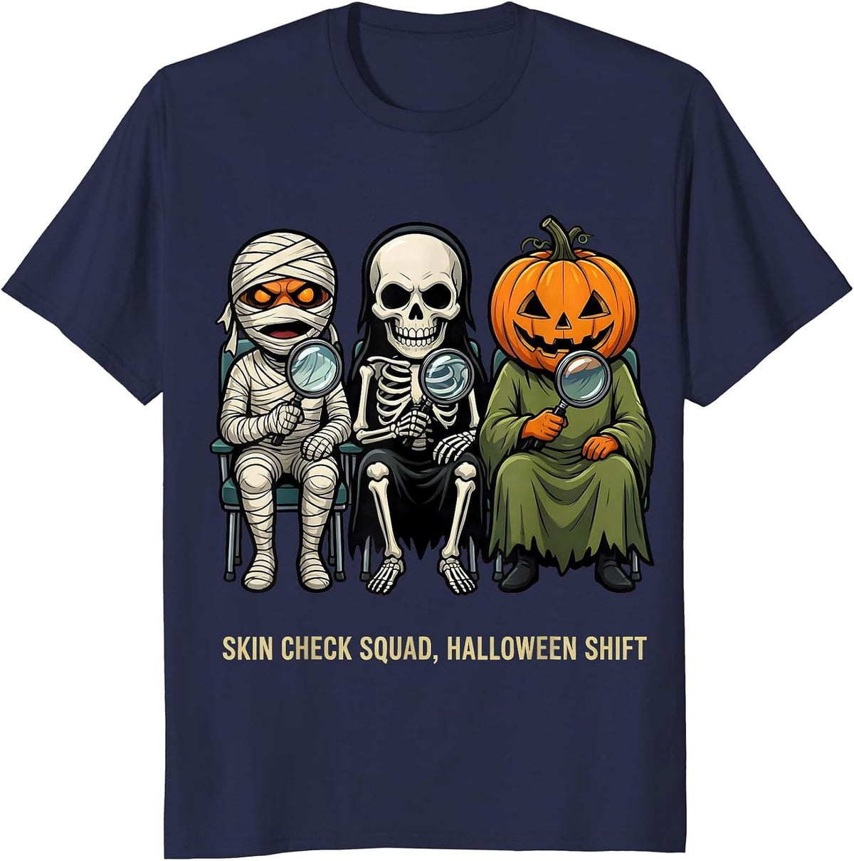 Skin Check Squad Halloween Shift Cartoon Dermatology Humor T-Shirt - Navy Blue