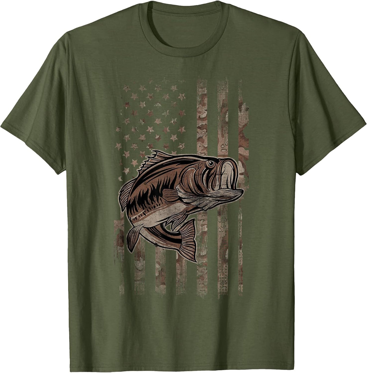 Camo American Flag Fishing Tees for Largemouth Bass Fisher T-Shirts - Olive Green