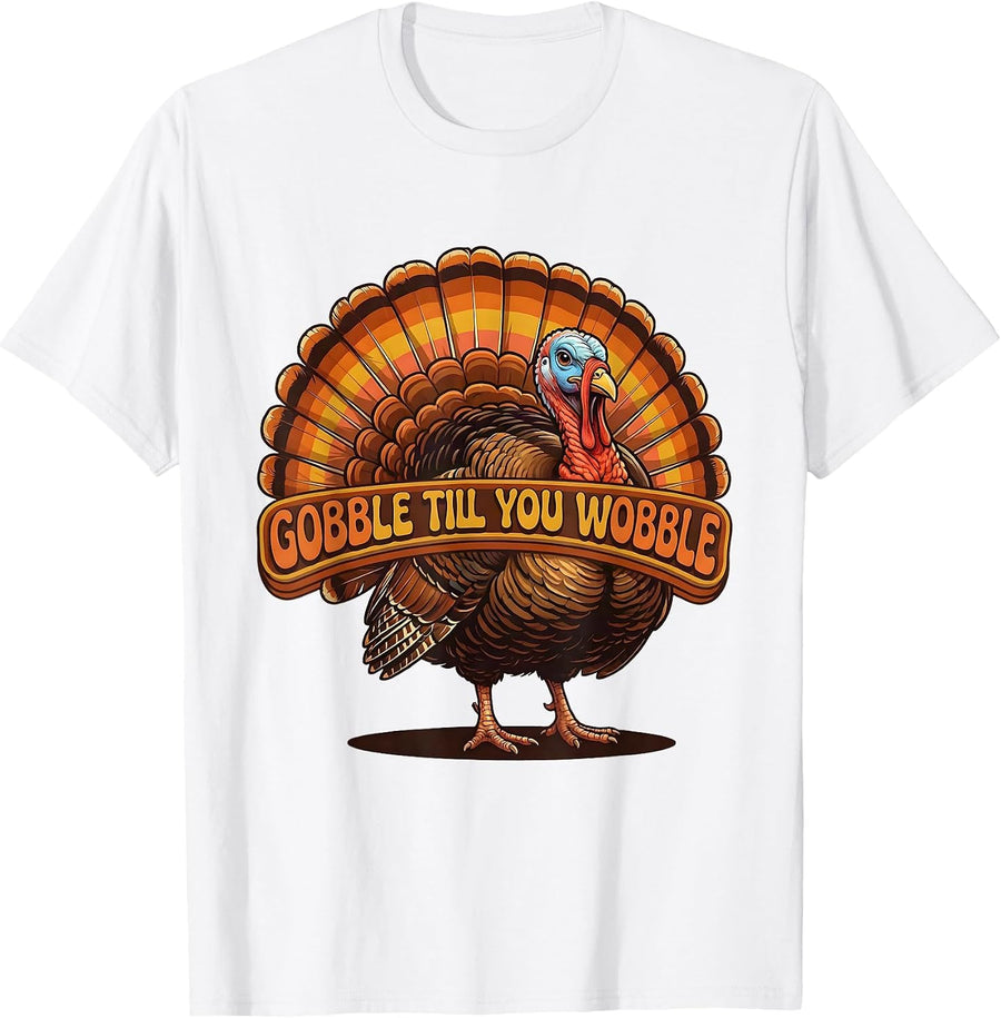 Boys Gobble Till You Wobble Thanksgiving Design T-Shirt - White