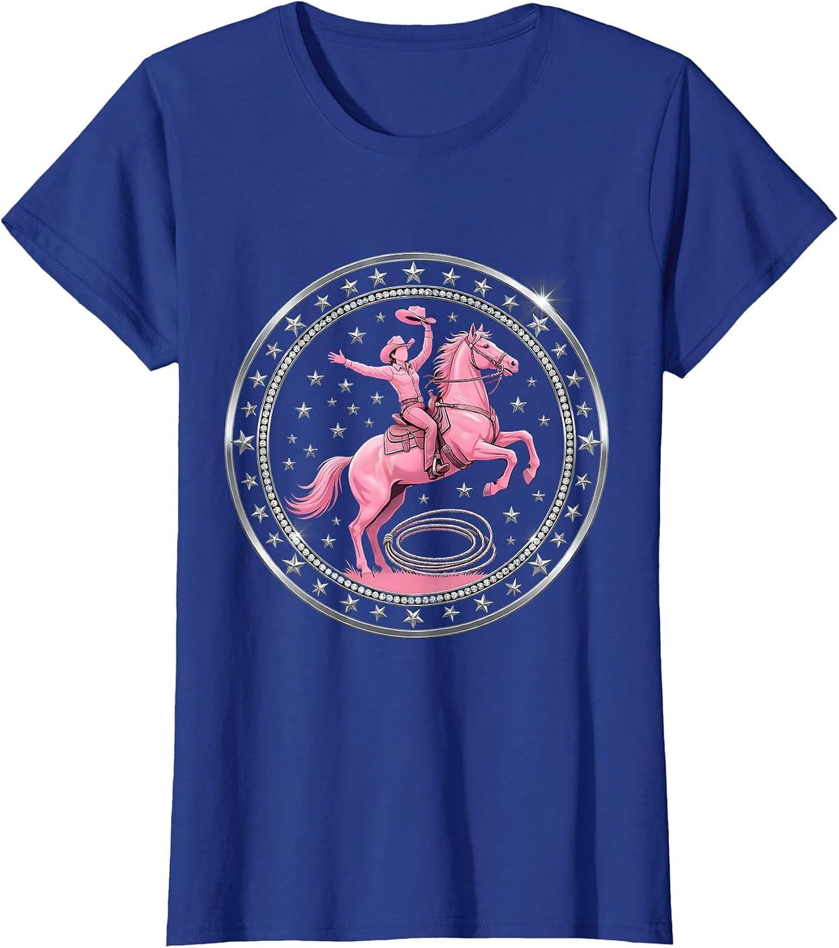 Women's Cowgirl Bareback Jump Western Rodeo Graphic T-Shirt - Royal Blue