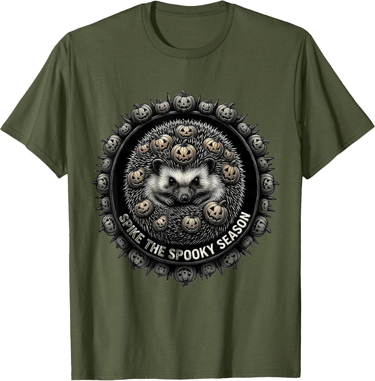 Men's Spike the Spooky Season Halloween Hedgehog Design T-Shirt - Olive Green
