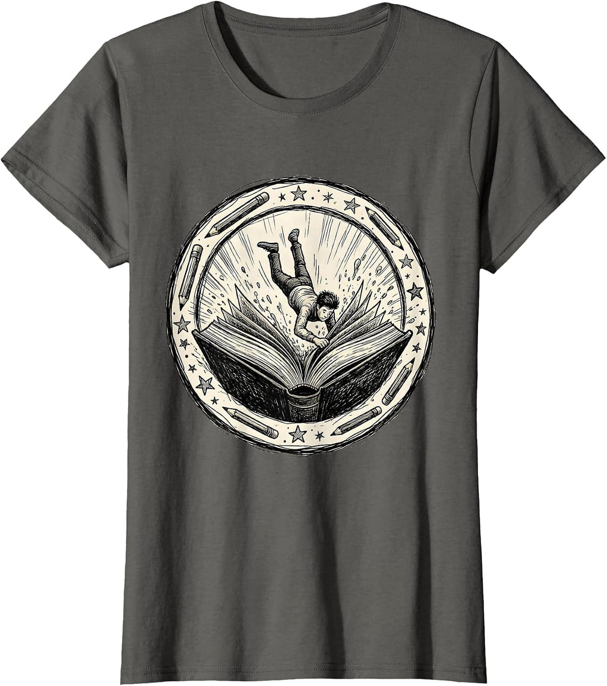 Women's Diving Into Reading Bookworm Graphic Tee T-Shirt - Asphalt Grey