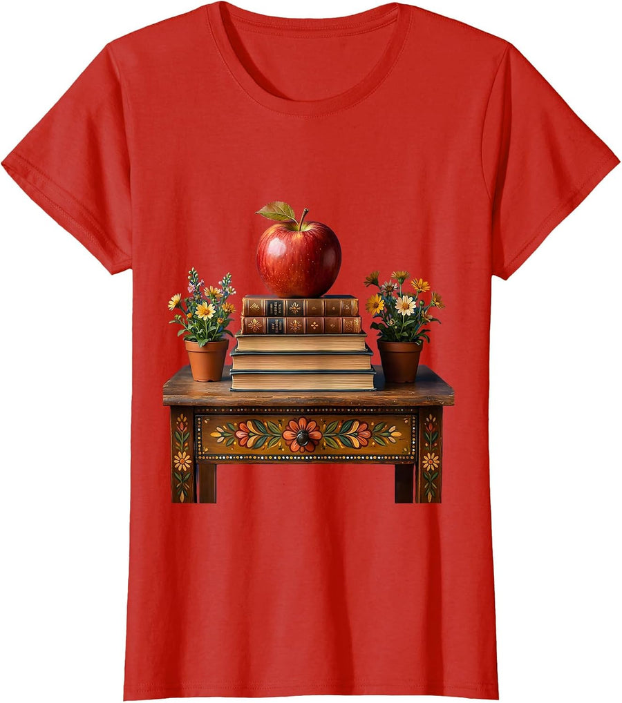 Women's Preschool Teacher Desk Apple and Books Illustration T-Shirt - Red
