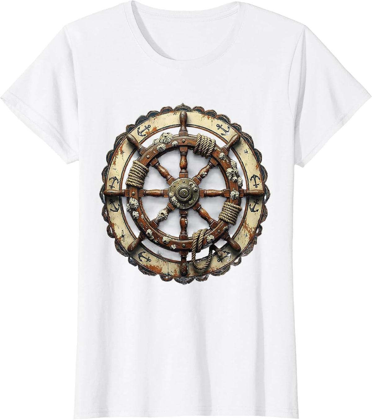 Barnacle Ship Wheel Sailor Graphic Tee T-Shirt - White