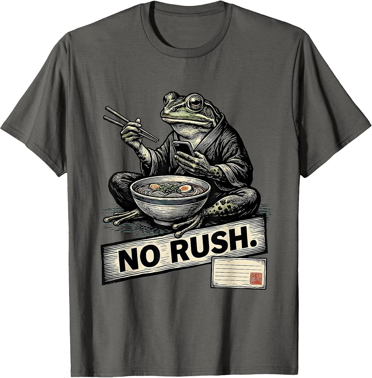 No Rush Funny Grumpy Frog Eat Ramen and Scroll Phone T-Shirt - Asphalt Grey