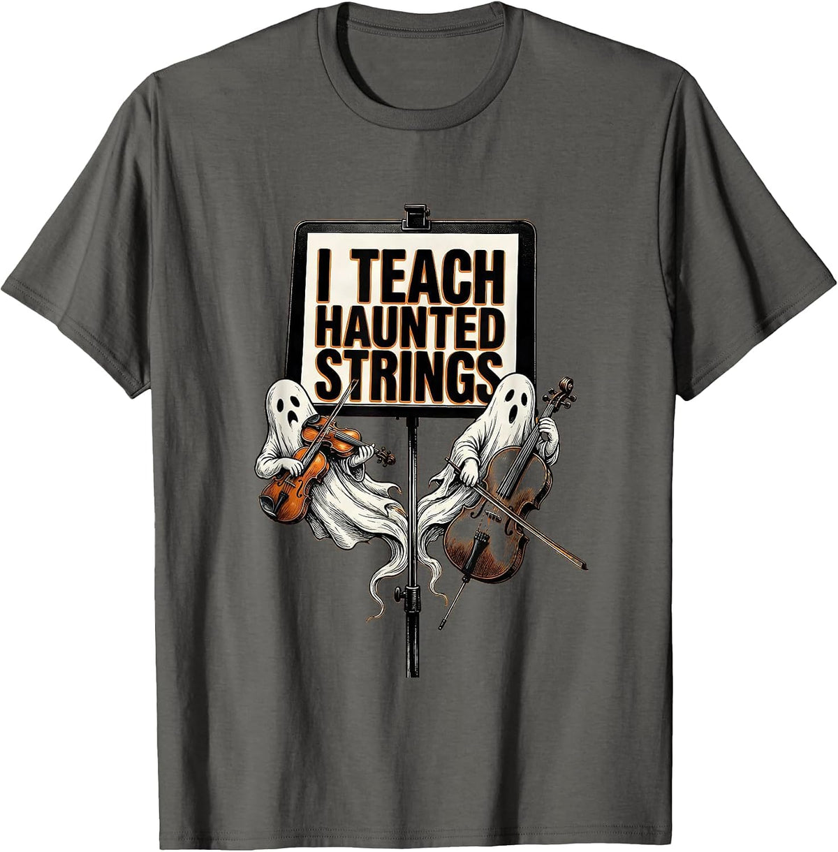 Men's I Teach Haunted Strings Funny Music Teacher Ghost Band T-Shirt - Asphalt Grey