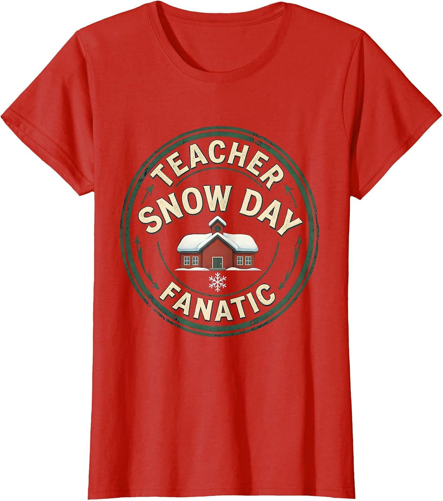 Women's Teacher Snow Day Fanatic Vintage Funny Teacher Christmas T-Shirt - Red